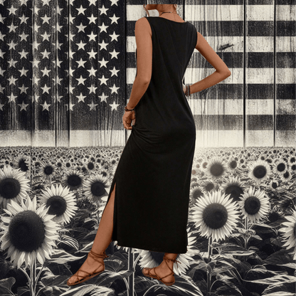 Sunflower & Flag Print V-Neck Sleeveless Dress