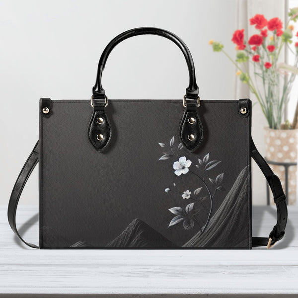 Black With Flower PU Leather Handbag