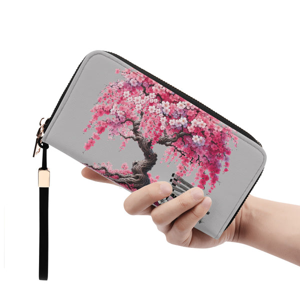 Cherry Blossom  Leather Zipper Wristlet Wallet