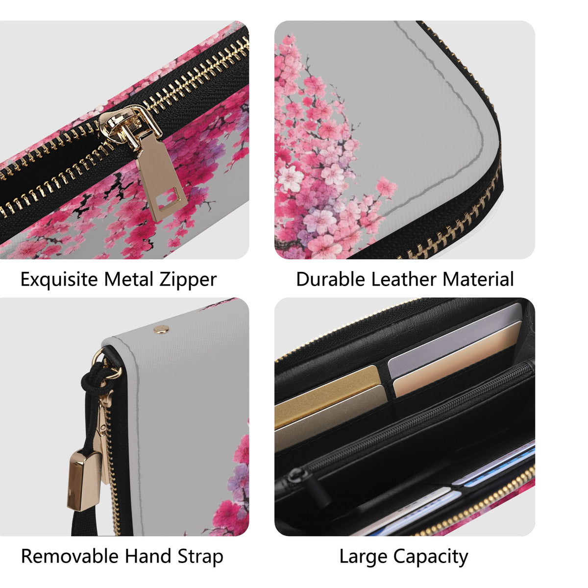 Cherry Blossom  Leather Zipper Wristlet Wallet