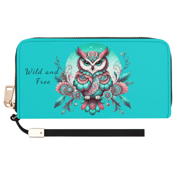 Western Owl Leather Zipper Wristlet Wallet