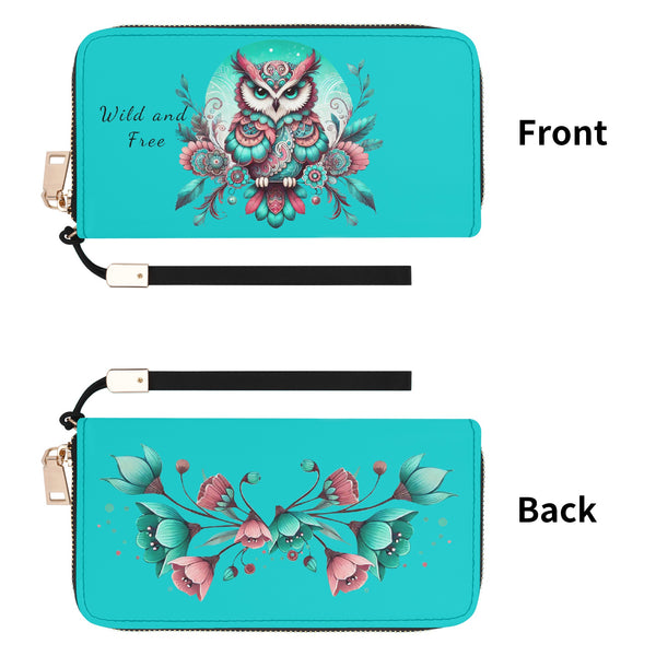 Western Owl Leather Zipper Wristlet Wallet