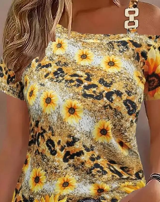 top-women-2023-summer-fashion-sunflower-leopard-print-chain-decor-cold-shoulder-casual-short-sleeve-daily-t-shirt-y2k-clothes