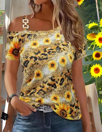top-women-2023-summer-fashion-sunflower-leopard-print-chain-decor-cold-shoulder-casual-short-sleeve-daily-t-shirt-y2k-clothes