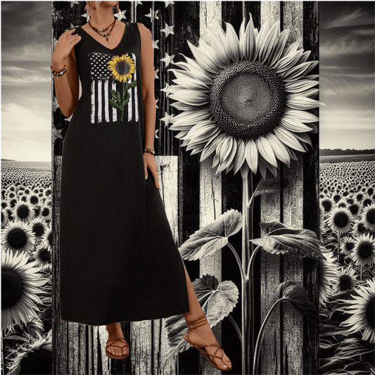 Sunflower & Flag Print V-Neck Sleeveless Dress