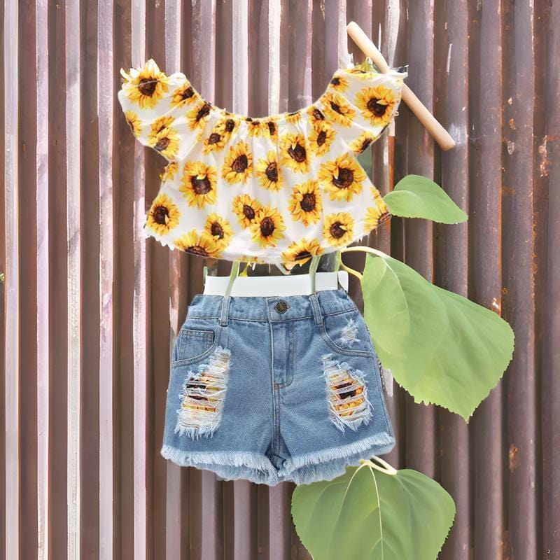 2023new-toddler-baby-girl-clothes-suit-sunflower-print-off-shoulder-t-shirt-top-jeans-pants-2-piece-suit-clothes-2-6-years-old